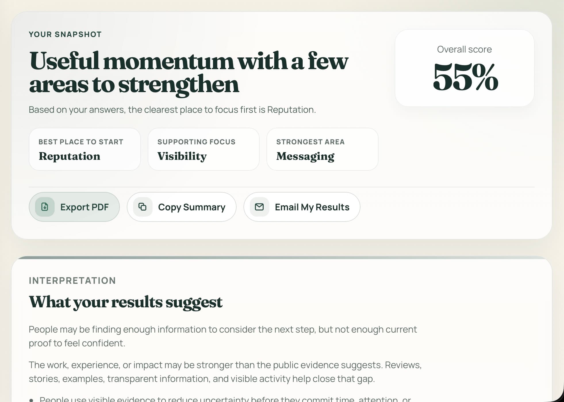 Local Business Growth Snapshot results showing a 55% overall score and recommended focus areas