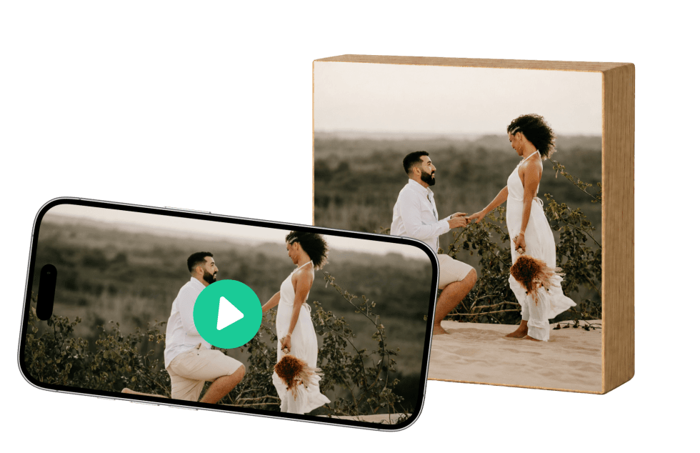 EchoBlocks wooden photo block shown beside a phone playing the associated video memory