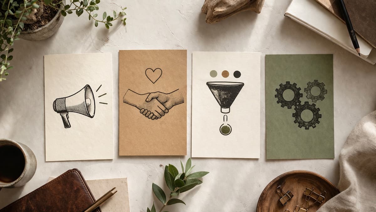 Clean editorial visual of four organized cards or notes representing visibility, trust, conversion, and systems.