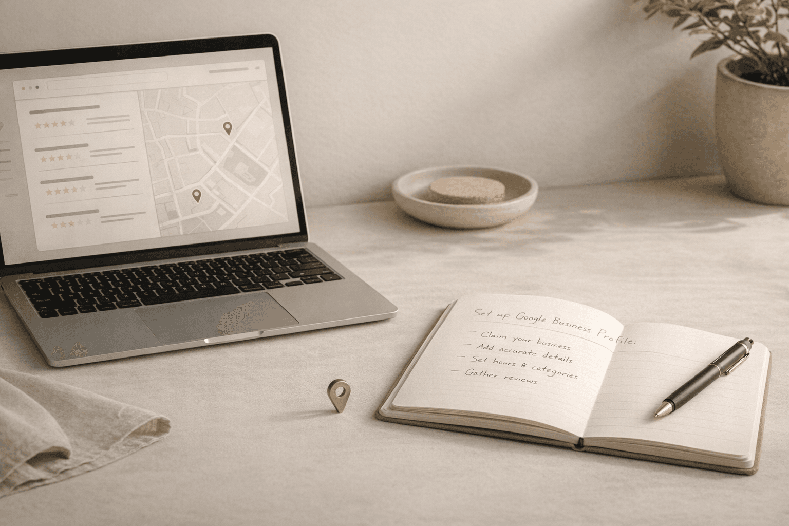 Warm editorial illustration of a Google Business Profile style business card, reviews, and local map marker.