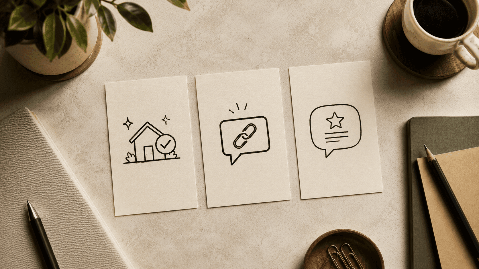 Three-step customer review process showing completed service, a direct review request, and honest customer feedback.