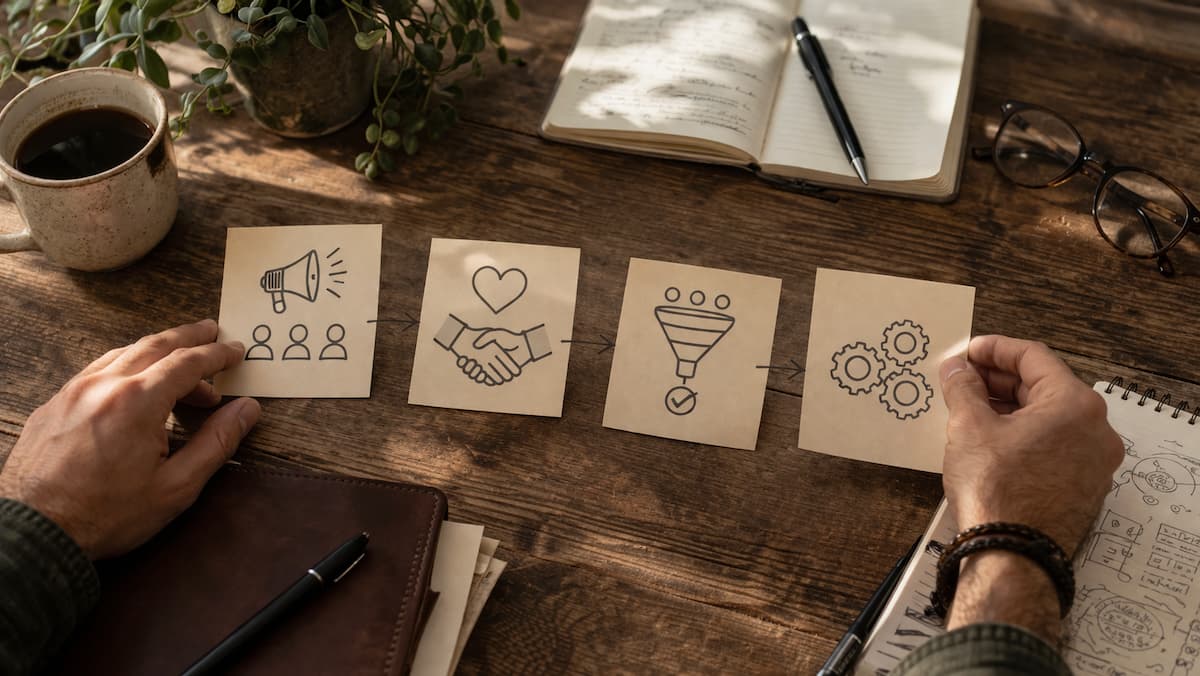 Editorial overhead scene with notebook sketches mapping visibility, trust, conversion, and systems.