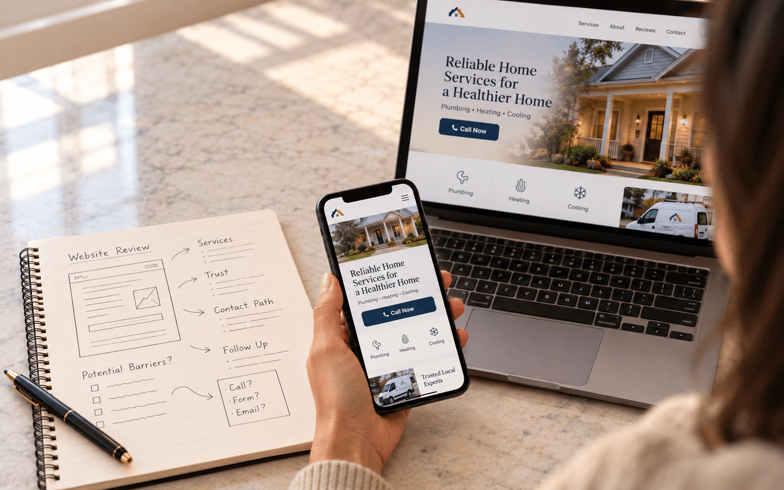 A person reviews a local home services website on a laptop and phone beside notes about services, trust, and contact paths.